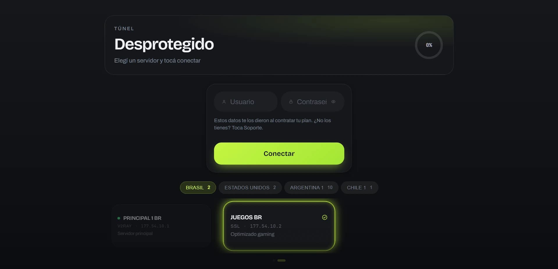 La aplicación de SecureShop VPN en la Smart TV, con los servidores por país